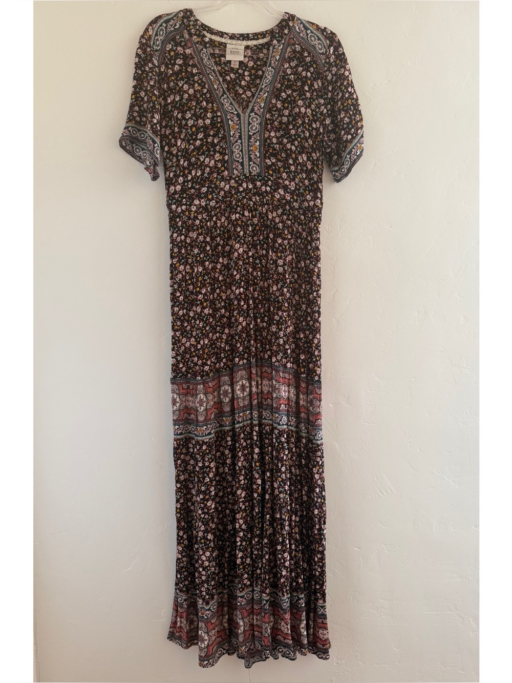 Knox Rose Rayon Maxi Dress Size M Boho Boho Ditsy Floral Print Short Sleeve
